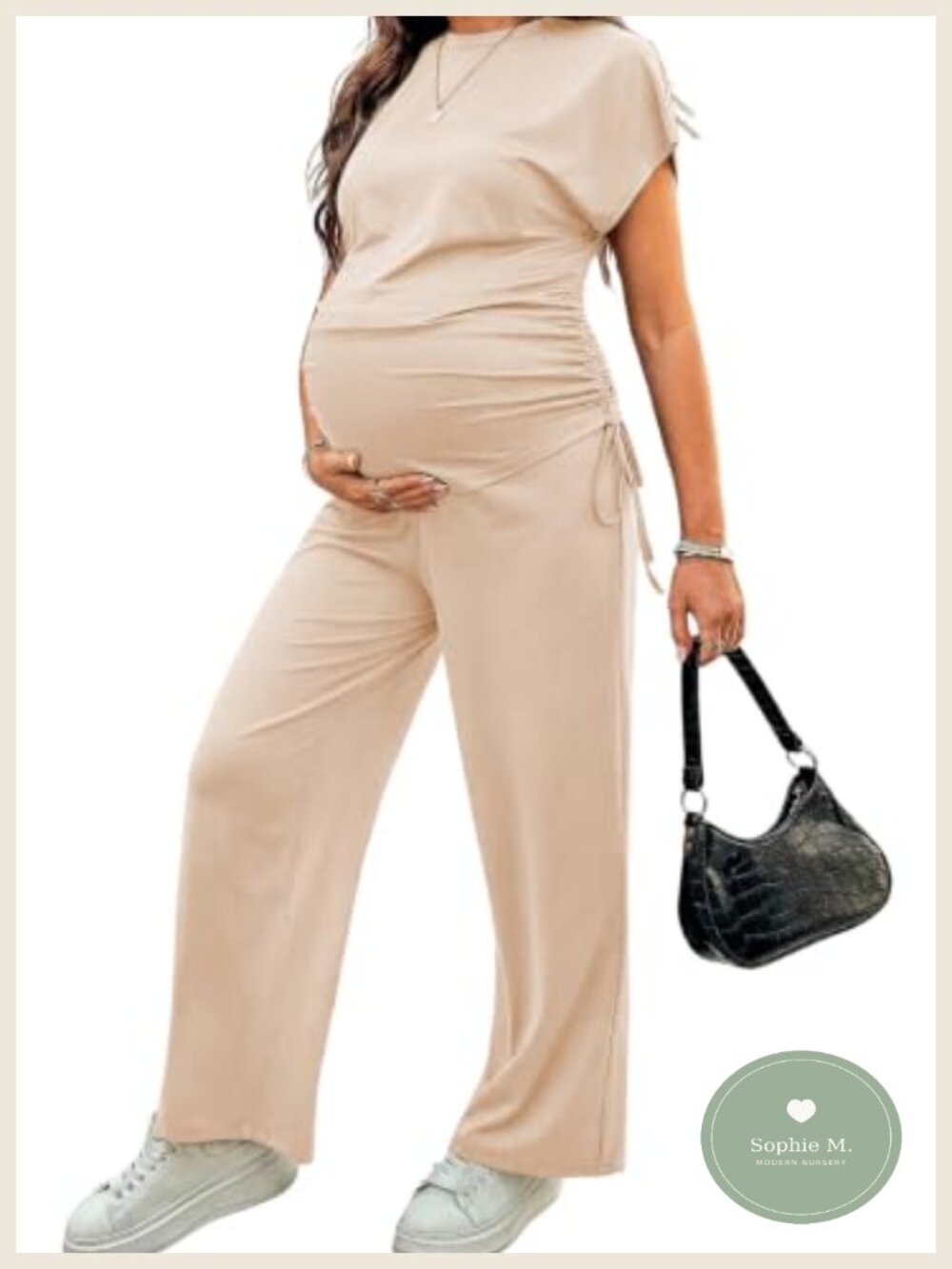 Maternity 2 Piece Outfit Short Sleeve Lounge Set Adjustable Straps Drawstring